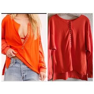 We The Free Back At It Oversize Linen Blend Henley Thick Pullover Orange Top XS